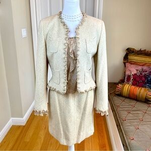 Escada Skirt Suit in Wool Silk Beige Ruffle with Matching Silk Blouse (36, S)
